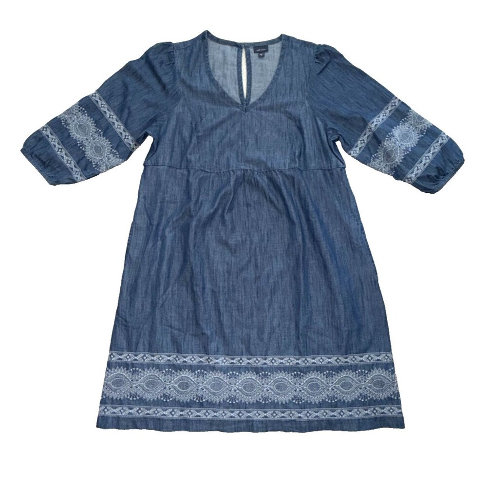 J. Jill Denim Dress M Embroidered Boho V-Neck Chambray Shift 3/4 Sleeve Blue
